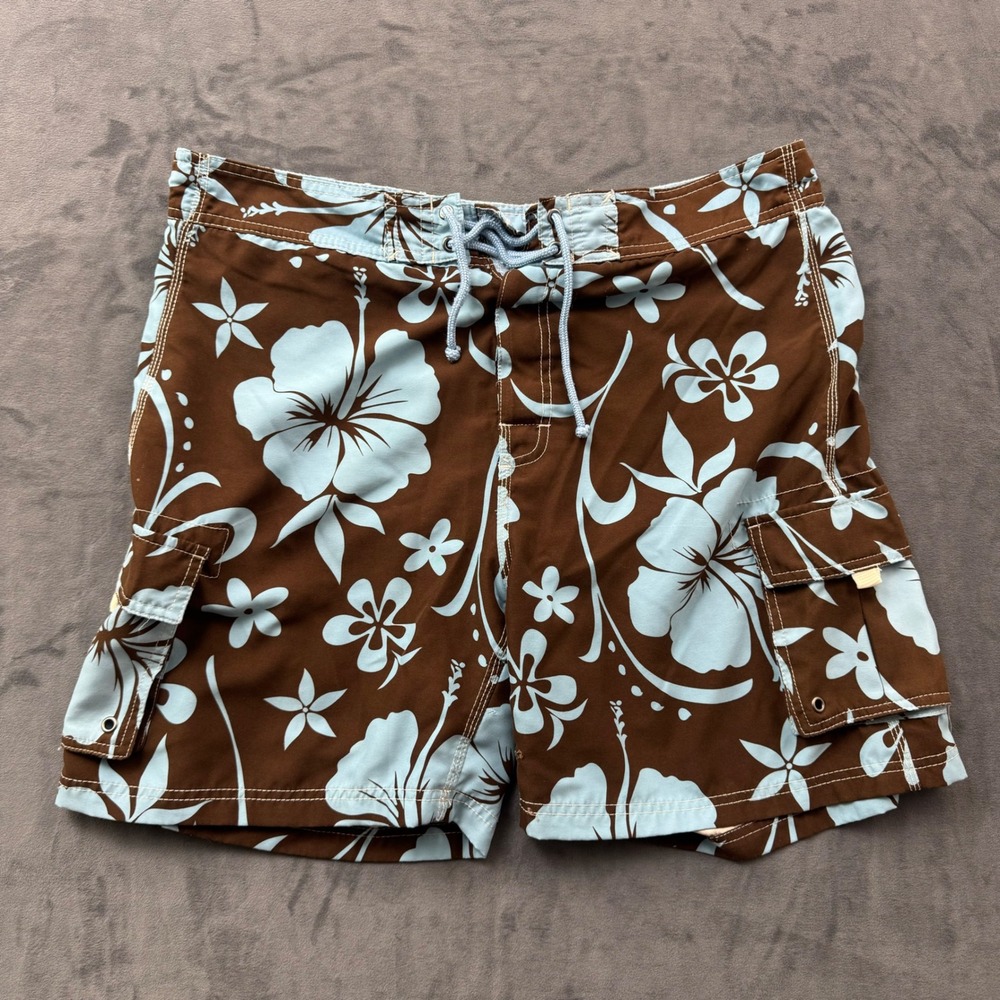 Sand N Sun Men Brown Blue Hibiscus Floral Board Shorts Swim Trunks Cargo Pockets